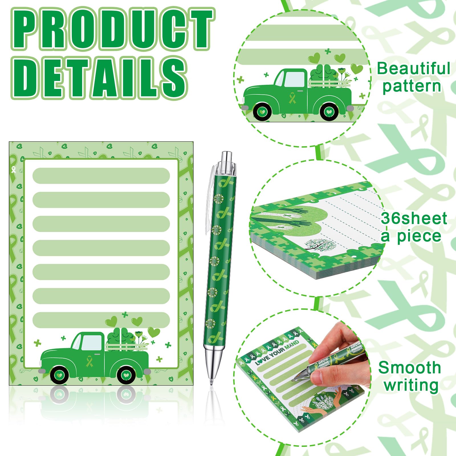 Eaasty 48 Pcs Mental Health Awareness Items Gifts Set Green Ribbon Notepad with Pens 24 Notebook Memo Pad 24 Ballpoint Pen for Women School Fundraising Event Supplies
