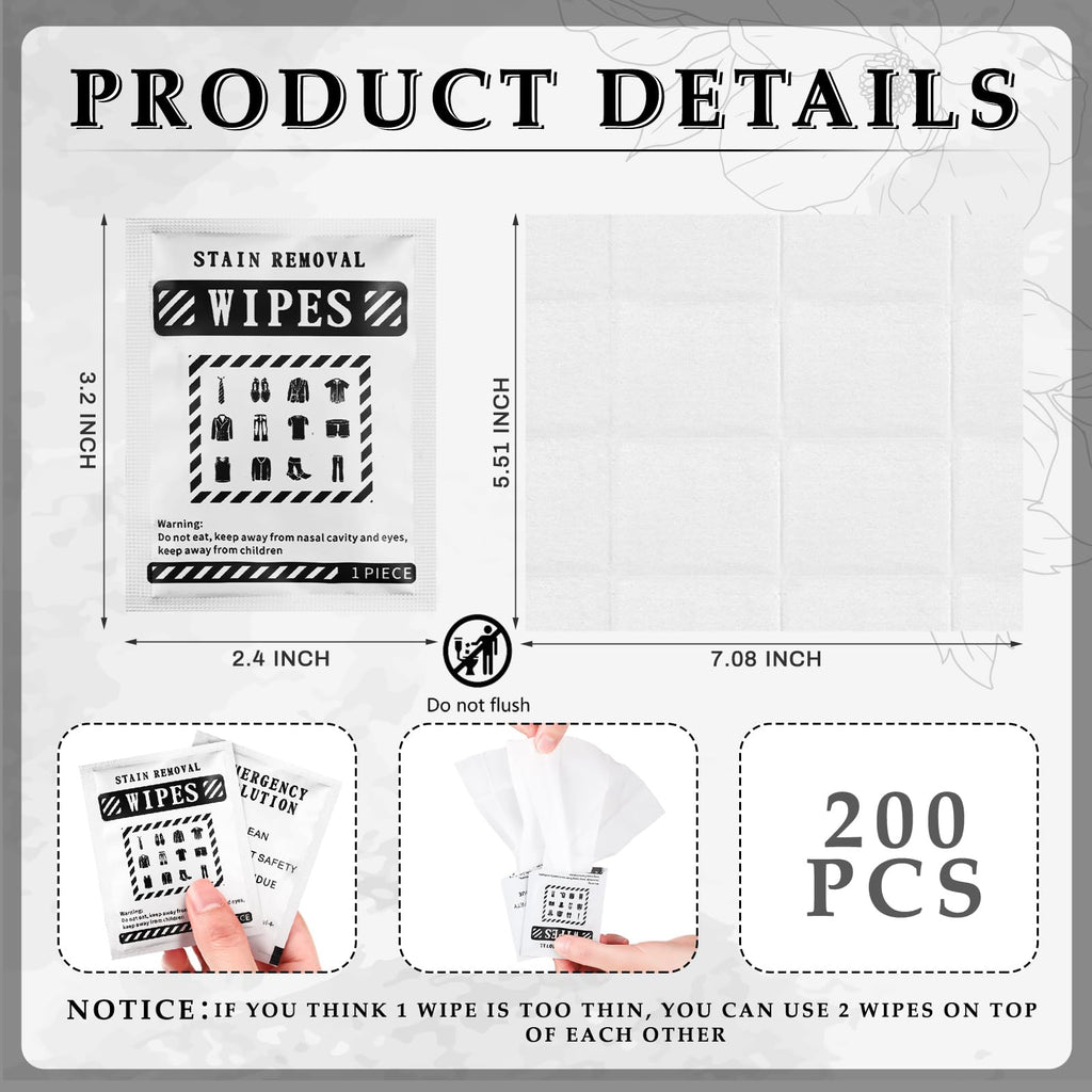 Timgle 200 Pcs Instant Stain Remover Wipes Individual Wrapped Stain Remover Wipes Bulk Portable No-rinse Cleaner for Clothes Fabric Coffee Grease Travel Purse Diaper Bag Car Laundry (Black)