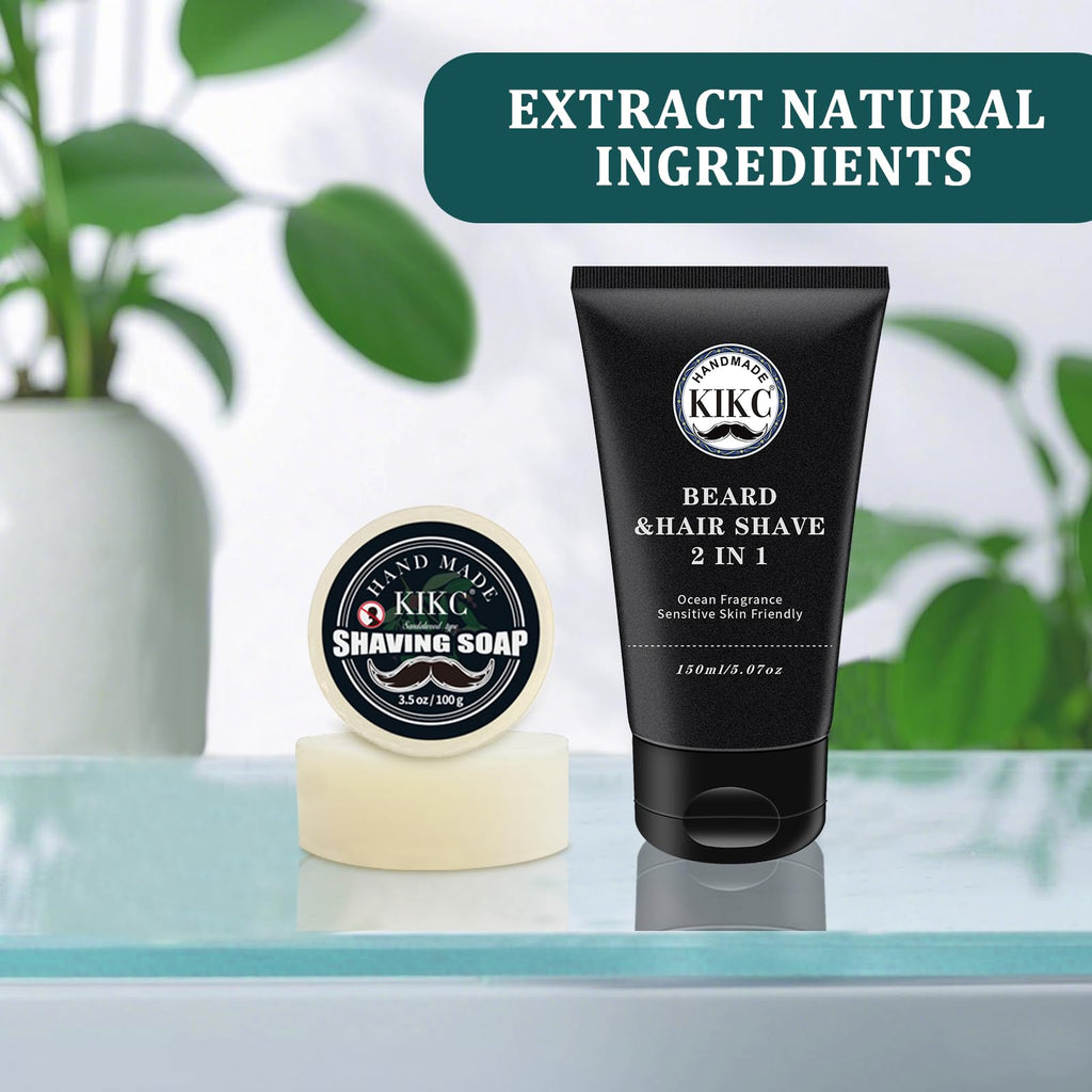 KIKC Shaving Soap and Shaving Cream Kit,Goat Milk Scent Shave Soap for Men,Shave Cream with Ocean Fragrance, a 3.5oz Soap, a 2 in 1 Shave Cream 150ml for Wet Shaving