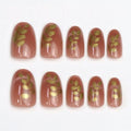 Short Press on Nails Oval Fake Nails with Golden Leaves Designs Cat Eyes Nails Press ons Fall False Nails for Women 24Pcs