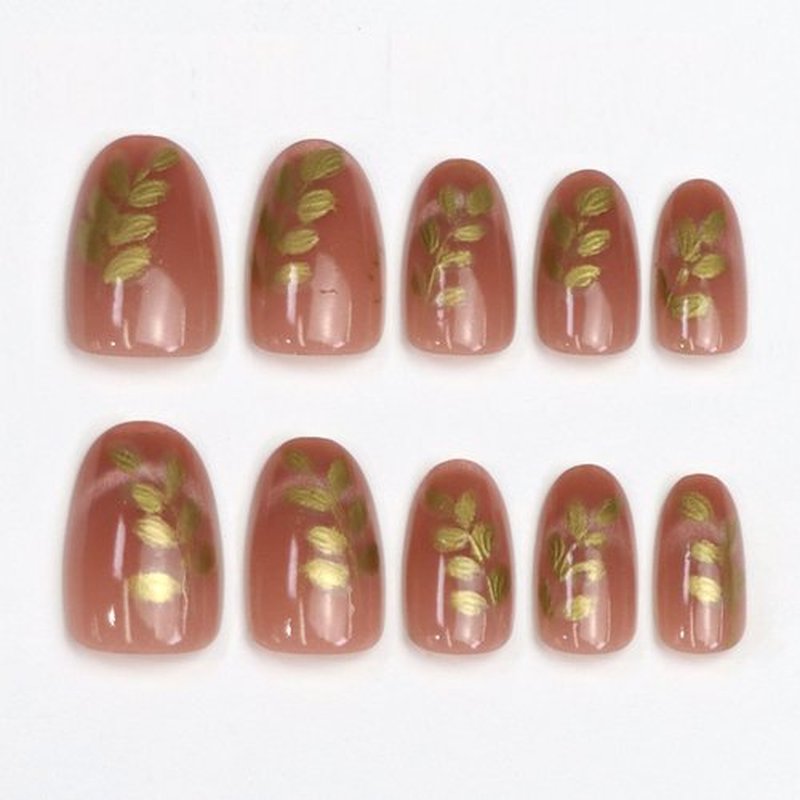Short Press on Nails Oval Fake Nails with Golden Leaves Designs Cat Eyes Nails Press ons Fall False Nails for Women 24Pcs