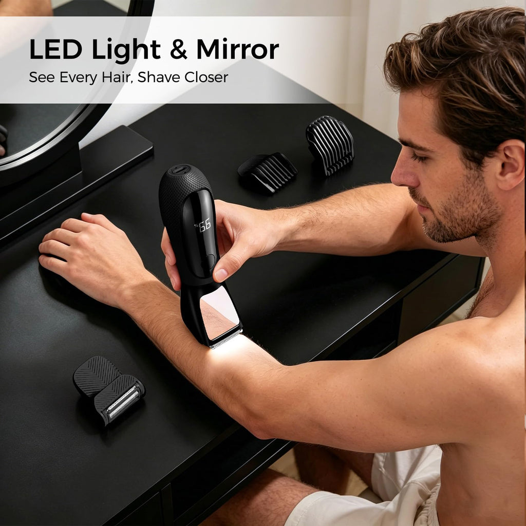 NIPOO IPX7 Body Hair Shaver with Mirror LED Light Painless Pubic Hair Arm Armpit Trimmer, Black