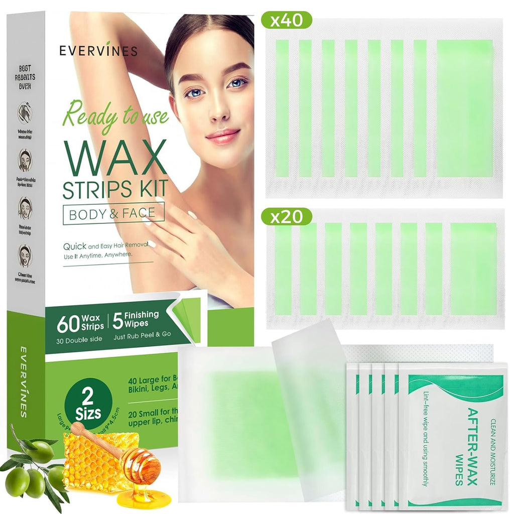 Evervines Body Wax Strips for Hair Removal: 60 Strips (40 Large, 20 Small) & 5 Oil Wipes – Gentle & Fast for Body & Face – Ideal for women& Men Home & Travel