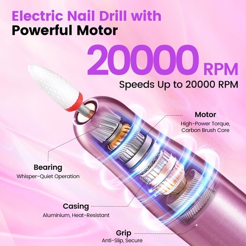 Nail Drill Kit with Dust Collector: Electric Nail File Drill Nails Machine Professional 20000RPM Nail Grinder for Acrylic Gel Removal Manicure Pedicure Tool in Cosmetic Bag Salon Home