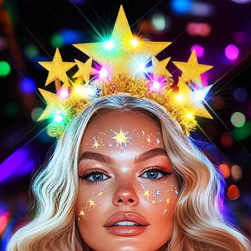 GORTIN Light up Star Headband Gold Glowing Costume Headpiece Rave Hair Accessories for Women (A-Gold, Free size)