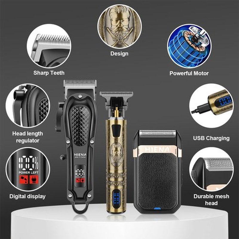 HIENA PRO Professional Hair Clippers - Cordless 3-in-1 Hair Cutting Kit with LED Display & Foil Shaver | USB-C Rechargeable