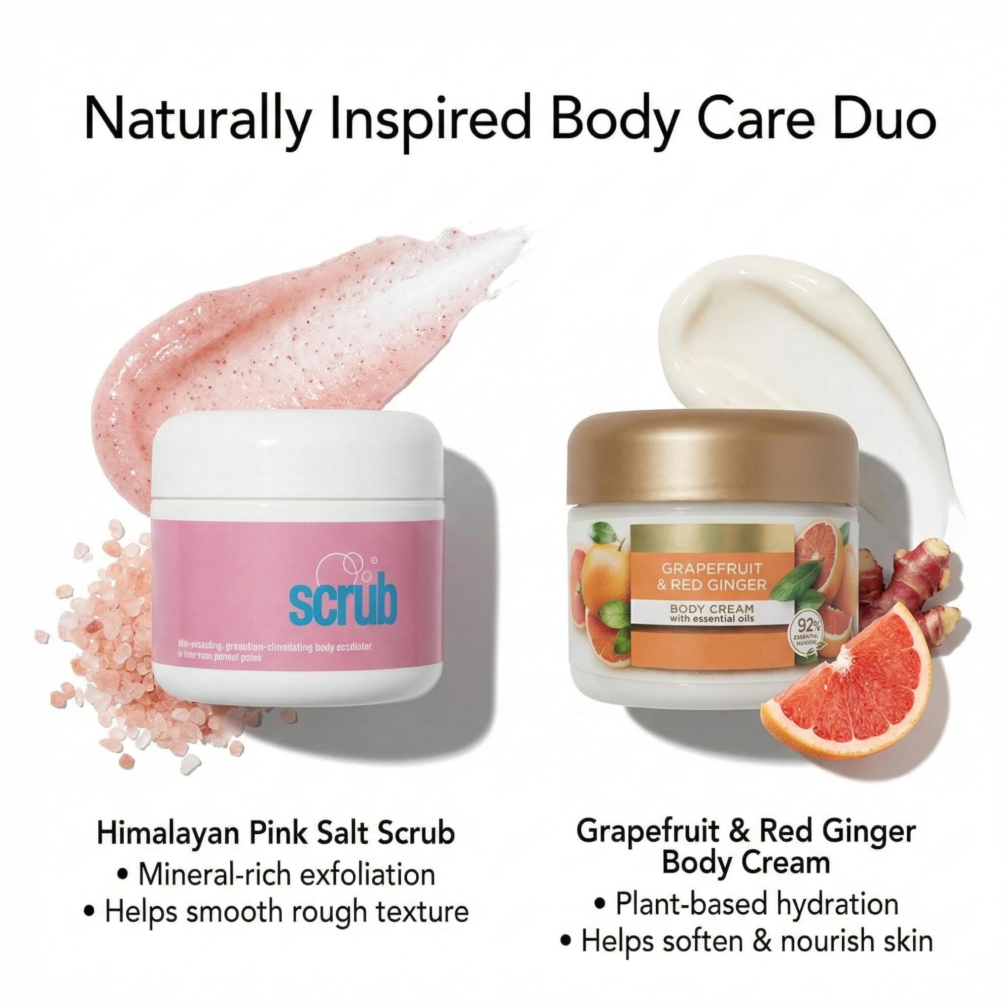 Naturally Inspired Himalayan Pink Body Scrub And Grapefruit Red Ginger Cream Duo, Sugar Scrub Body Exfoliator Set For Smooth, Nourished, Hydrated Skin