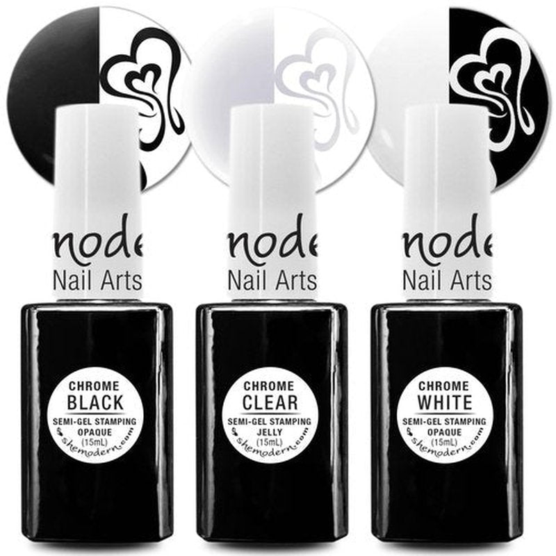 SheModern CHROME BLACK + CLEAR + WHITE Stamping Polishes (Set of 3) LED/UV Cure Semi-Gel Collection For Nail Art Design with Option for Creative Dry Coloring with Chrome Pigment Powder