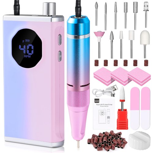 KAWBIYJ Professional Nail Drill, 40000RPM Electric Nail File for Acrylic Gel Nails Polishing Removing, Rechargeable Portable Cordless Nail Drill Kit with Full Set of Accessories at Salon Home