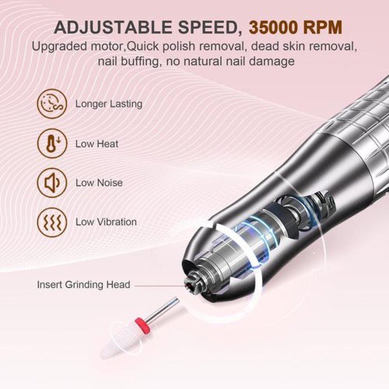 Professional Cordless Nail Drill with UV Light, 35,000 RPM Electric Nail File for Acrylic Gel Dip Powder Nail Tool, Portable Rechargeable Manicure Pedicure Kit, Rose Gold