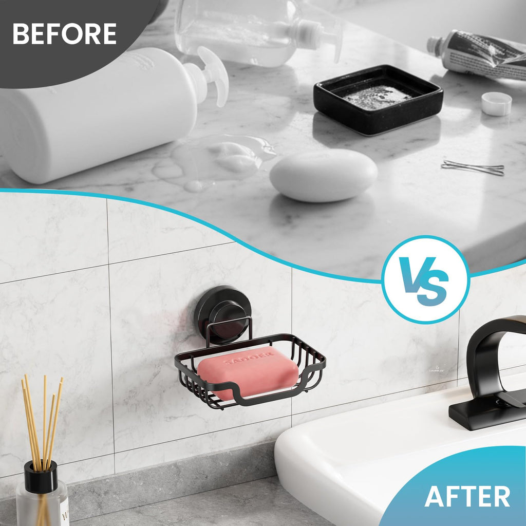 TAILI Soap Holder Dish Suction Cup, Soap Dish for Shower, Suction Bar Soap Holder for Bathroom, Rustproof Stainless Steel Drainable Bath Soap Dish Black