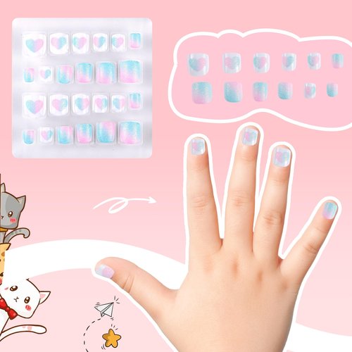 Kawyehu Kids Press on Nails Children Fake Nails 72PCS Artificial Nail Tips Adhesive Full Cover Short False Fingernails for Girls Kids Nail Decoration (French Donut Heart)