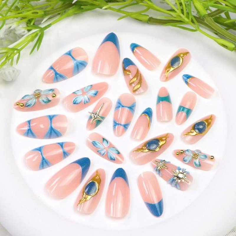 Medium Press on Nails Almond Fake Nails Blue French Tip False Nails with Flower Pearl Designs Gold Lines Acrylic Nails for Women 24Pcs