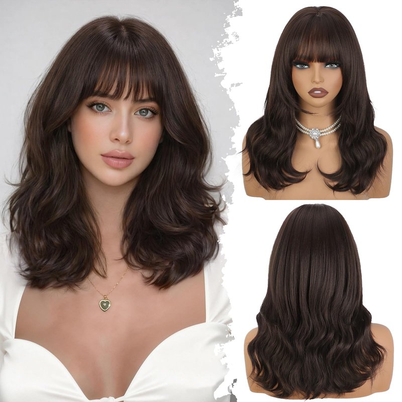 XIXIBI Brown Wigs with Bangs for Women, 4x4 Realistic Scalp Layered Curly Wavy Synthetic Wigs, Free Parting Natural Looking Heat Resistant Wig for Daily Party Use 18Inch