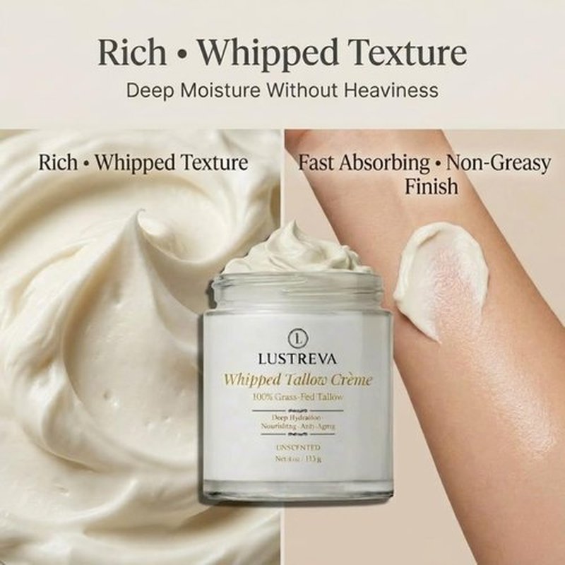 Lustreva Beef Tallow for Skin – 100% Grass-Fed Whipped Tallow Cream Moisturizer for Face & Body – Deep Hydration for Dry, Sensitive & Eczema-Prone Skin – Unscented Natural Tallow Balm – 4 oz