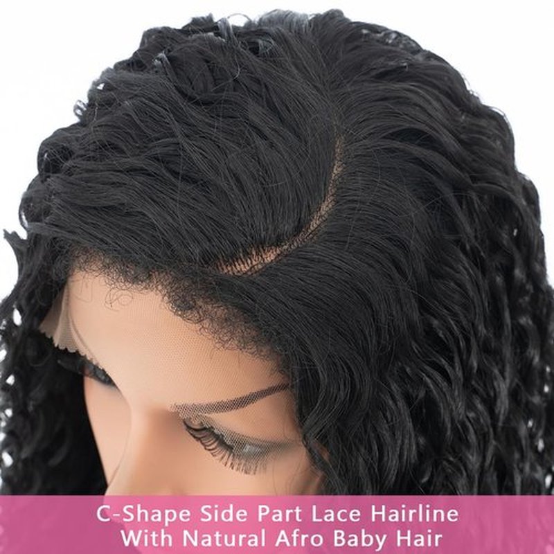 Style Icon 36”Super Long Curly Wig C-Shaped Side Part Lace Wig Afro Baby Hair Synthetic Black Wigs(36 inches, 1B)