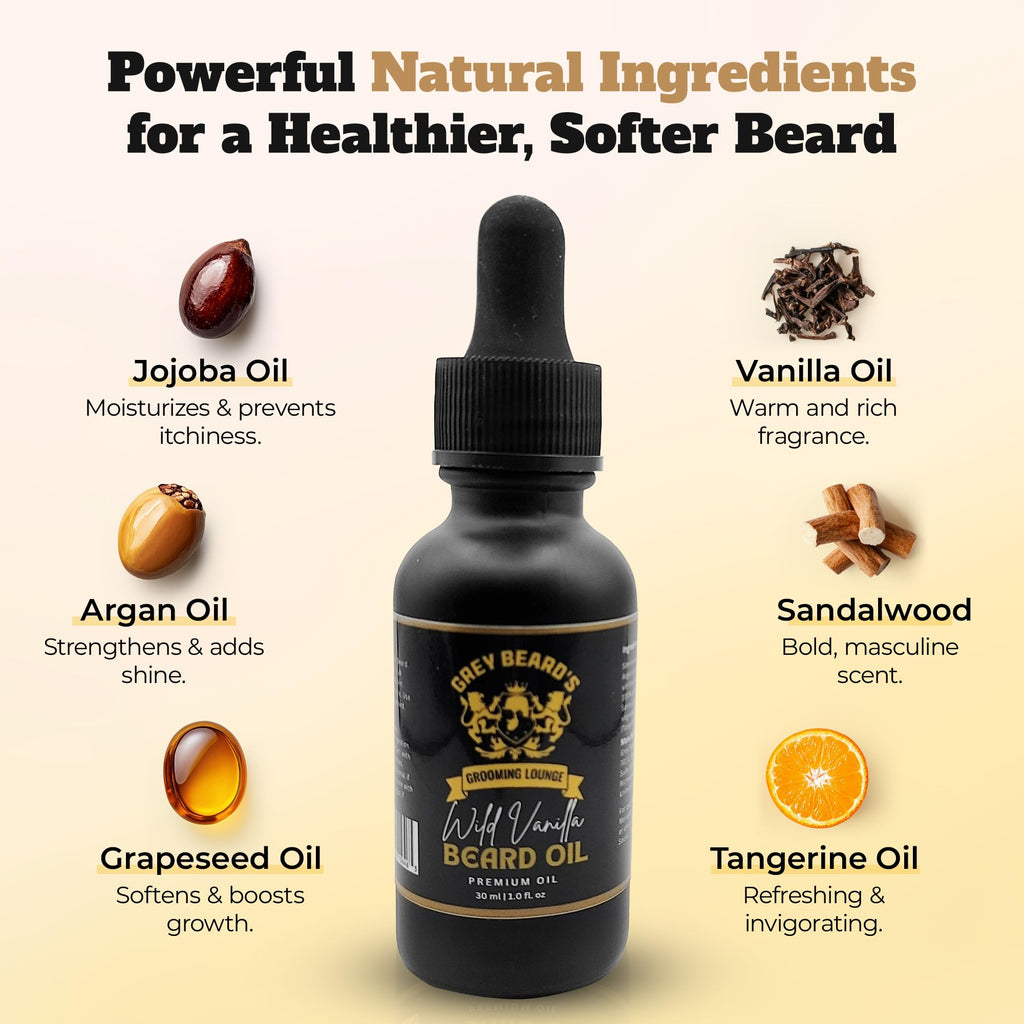 Grey Beard's Grooming Lounge Wild Vanilla Beard Oil for Men 1 fl oz - Natural Leave-In Conditioner with Jojoba Argan and Grapeseed Oils