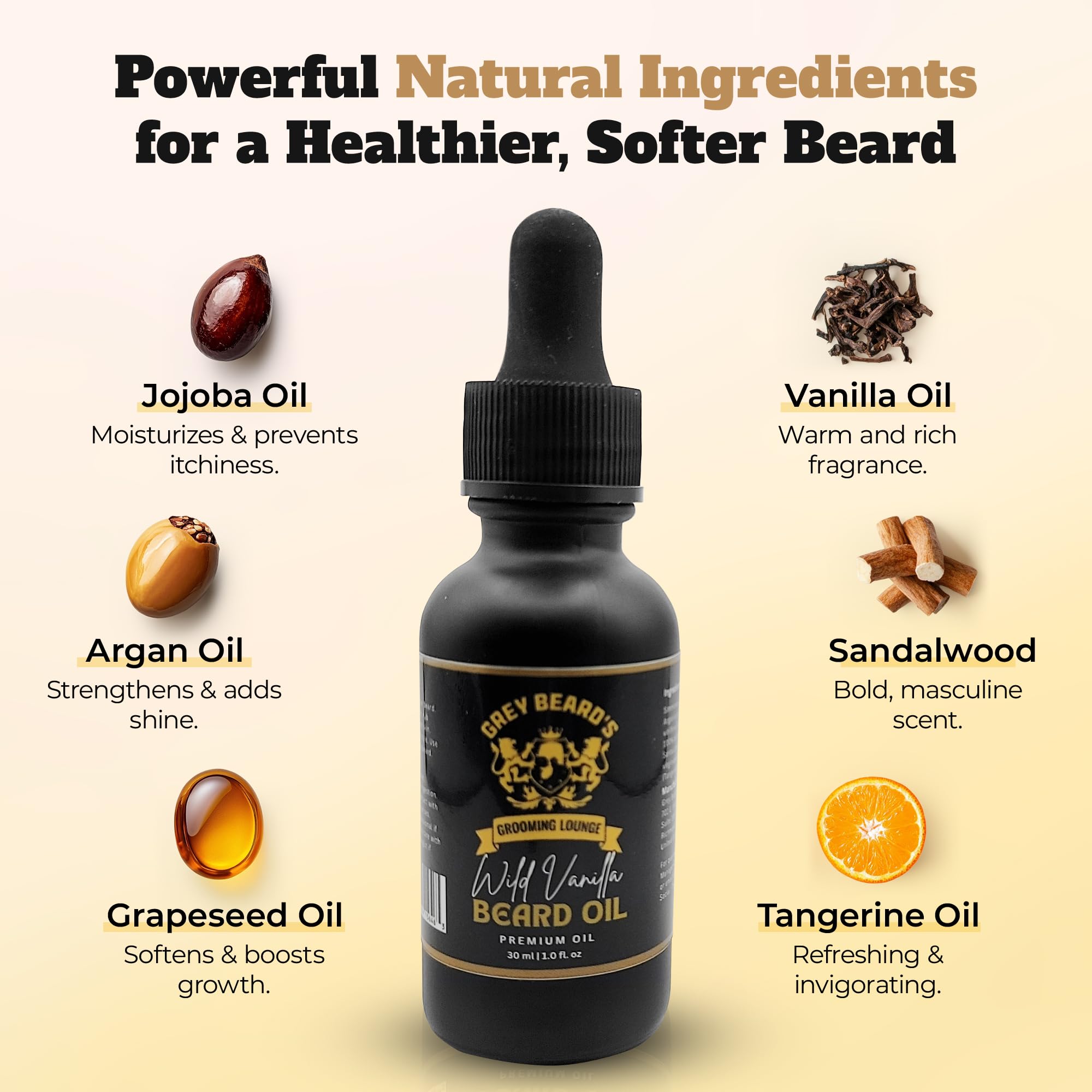 Grey Beard's Grooming Lounge Wild Vanilla Beard Oil for Men 1 fl oz - Natural Leave-In Conditioner with Jojoba Argan and Grapeseed Oils
