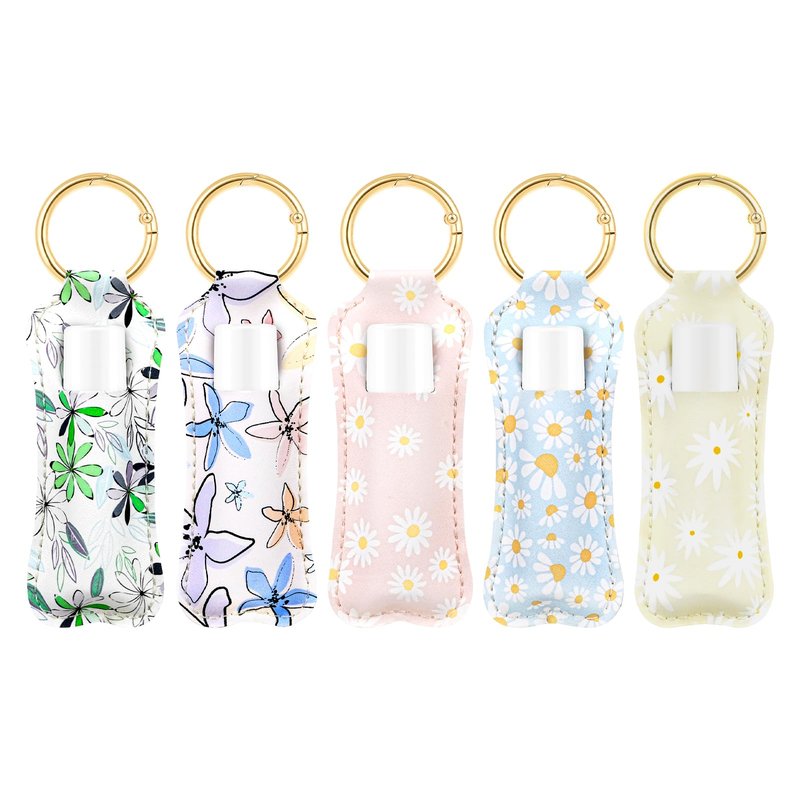 WK IEASON Lip Balm Holder Keychain Clip On PU Leather Lipstick Sleeve Pouch Lip Gloss Holder Lip Balm Sleeve Holder Keychain 5PCS（Floral Set B）