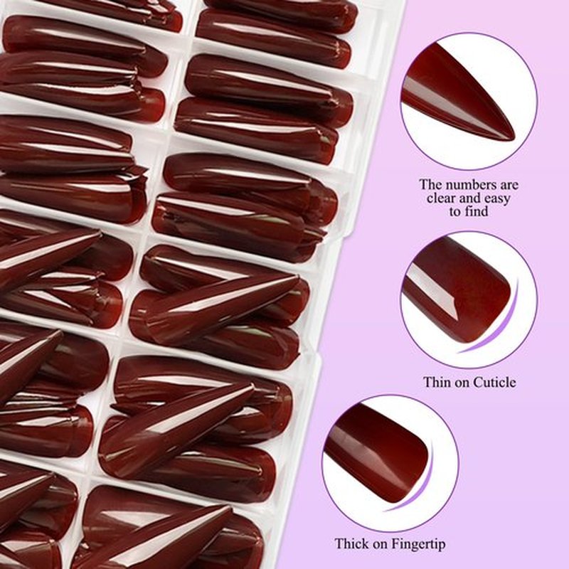 144pc Burgundy Press on Nails Long Stiletto Fake Nails with Glue Tabs, Wine Red Nails Press ons Nails Stiletto Glue on Nail Pointy Acrylic Nails Stick False Artificial Fingernail for Women Girls