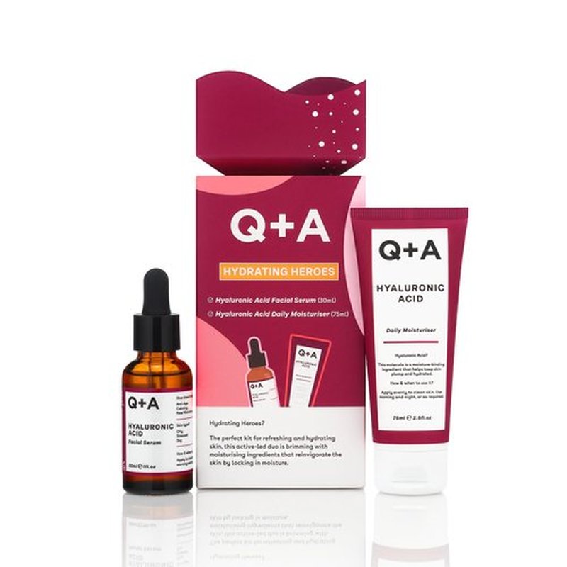 Q+A Hydrating Heroes Skincare Gift Set, Contains Hyaluronic Acid Facial Serum 30ml, Hyaluronic Acid Daily Moisturizer 75ml, Natural Hydration for All Skin Types, Softens & Plumps for Radiant Glow