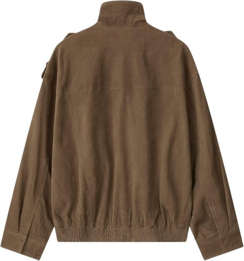FindThy Suede Leather Jacket - Vintage High Collar, Long Sleeve, Oversized Coat with Pockets