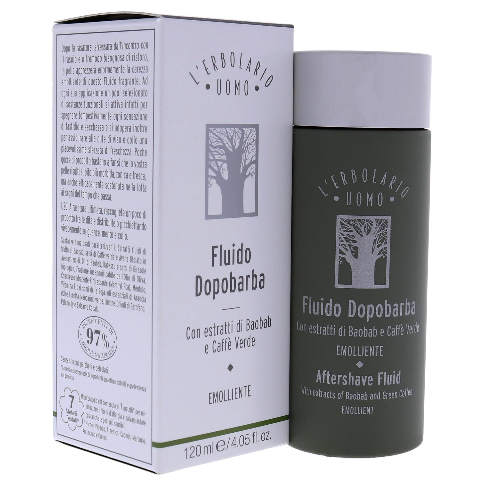L'Erbolario Baobab And Green Coffee Aftershave Fluid - For Instantly Reducing Any Redness Caused By Shaving - Soothe Any Feelings Of Discomfort And Dryness - Burst Of Freshness - For Men - 4.05 Oz