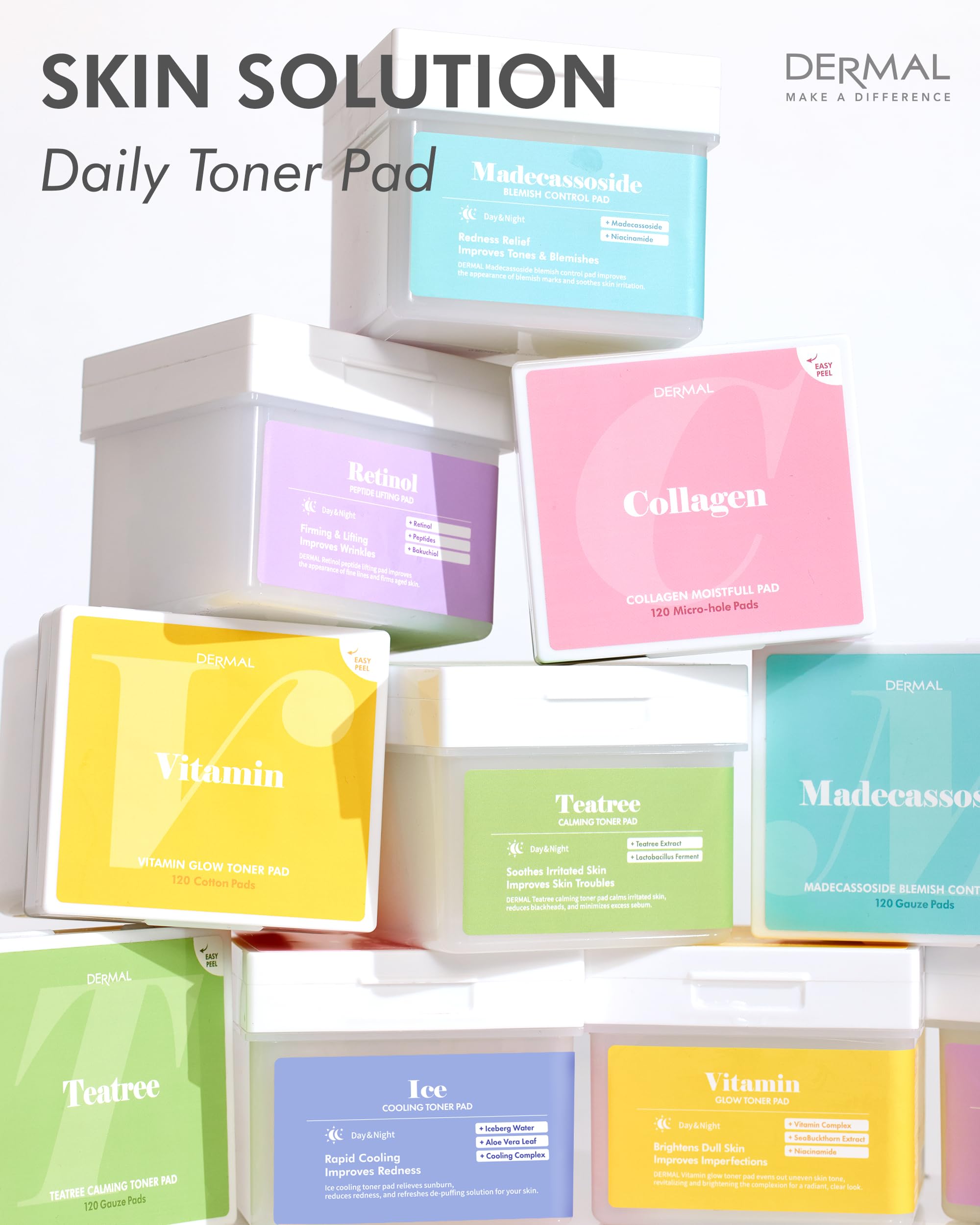 DERMAL Retinol Peptide Lifting Pad - Korean Toner Pad for Anti-Aging & Wrinkles with Bakuchiol - Vegan Pure Cotton Square Pads - Travel Kit 12 Pads, 3 Pack (Total 36 ea)