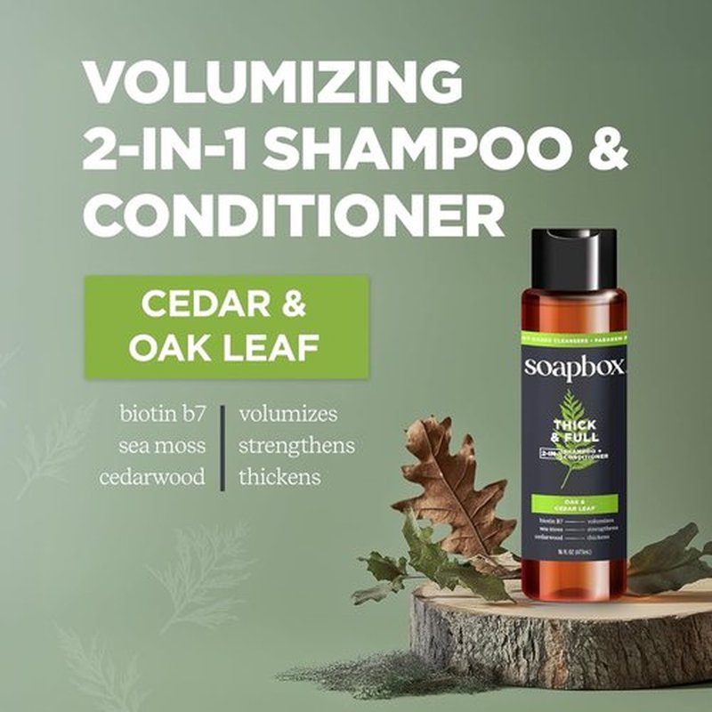 Soapbox Men's 2-in-1 Shampoo and Conditioner - Natural Oak & Cedar Leaf, 16oz for Thick, Full Hair