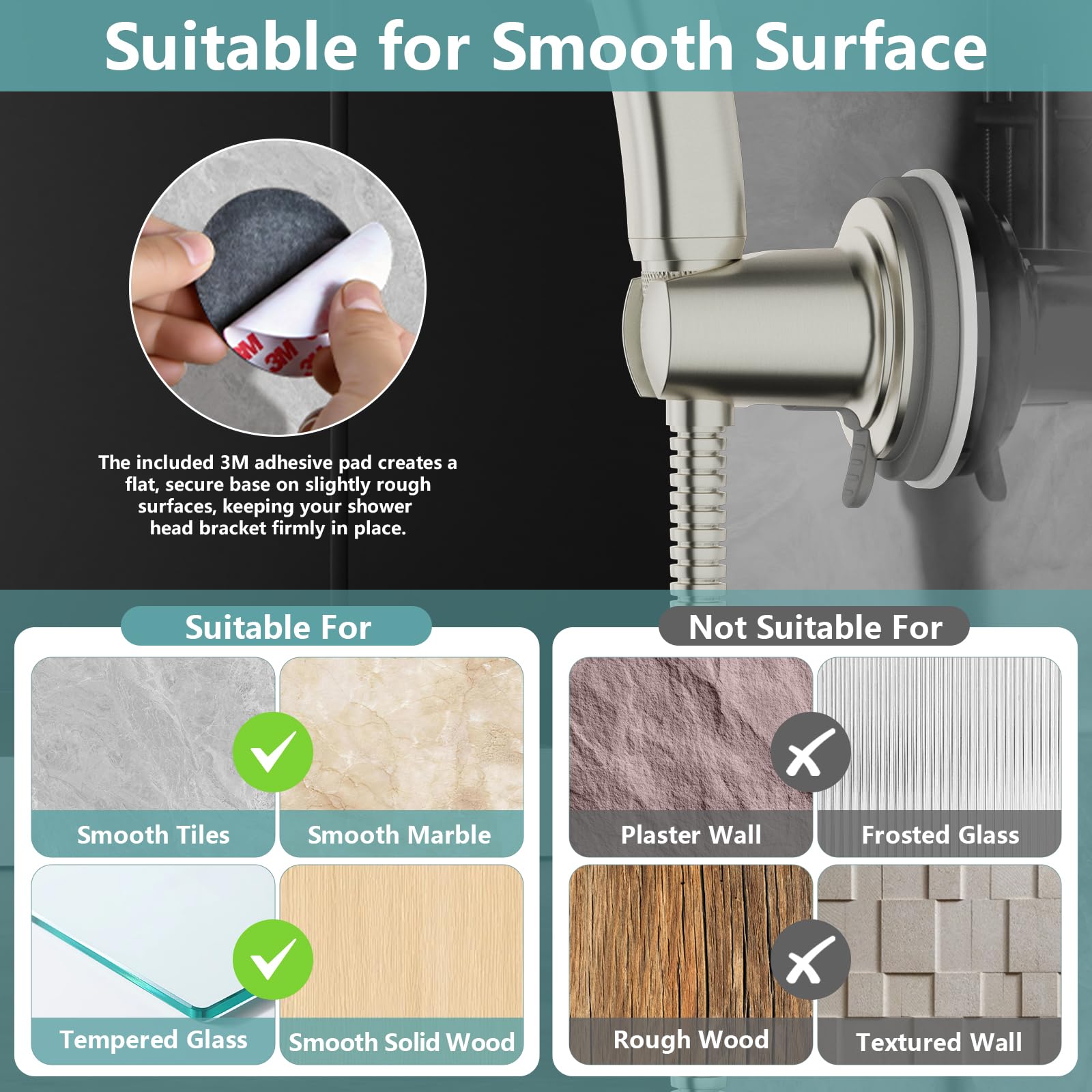 EAARSUO Handheld Shower Head Holder Suction, Removable No Drill Shower Wand Bracket Wall Mount, Vacuum Suction Cup Showerhead Holder Adhesive (1, Brushed Nickel)