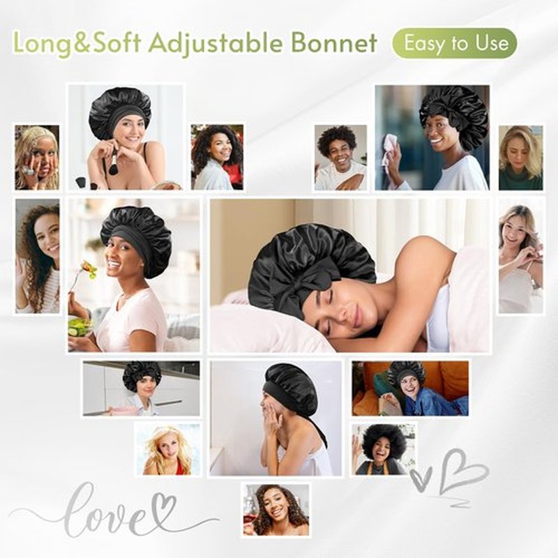 BONNET QUEEN Silk Bonnet for Sleeping Women Satin Bonnet Anti-Frizzy Night Sleep Cap Hair Wrap for Curly Hair with Adjustable Tie Band,Black