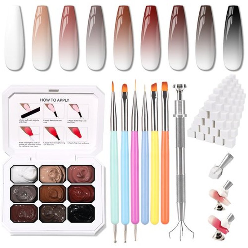 Karroy Patting Gel Nail Polish Set, 9 Colors Ombre Gel Polish Palette, 100pcs Sponges 6pcs Brushes 1 Grabber, Colors Blending Painting Nails Art, No Wipe, UV/LED Cured (Set 06)