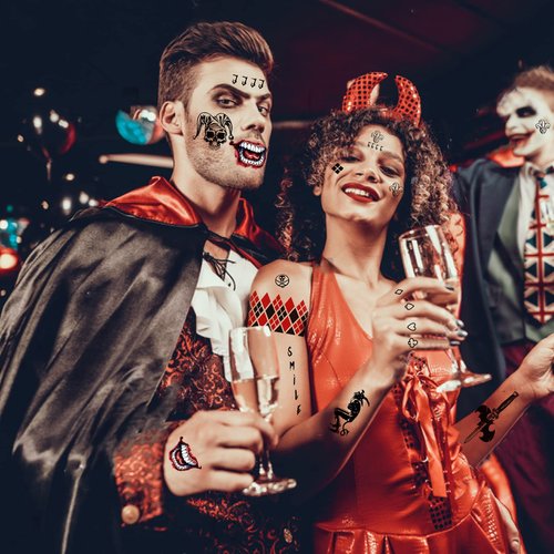 23 Sheets Halloween Joker Tattoos for Men Women Adults, Halloween Face Fake Temporary Tattoos, Halloween Snake Skull Bat Spider Scar Fake Tattoos Set for Halloween Cosplay Makeup Party Accessories