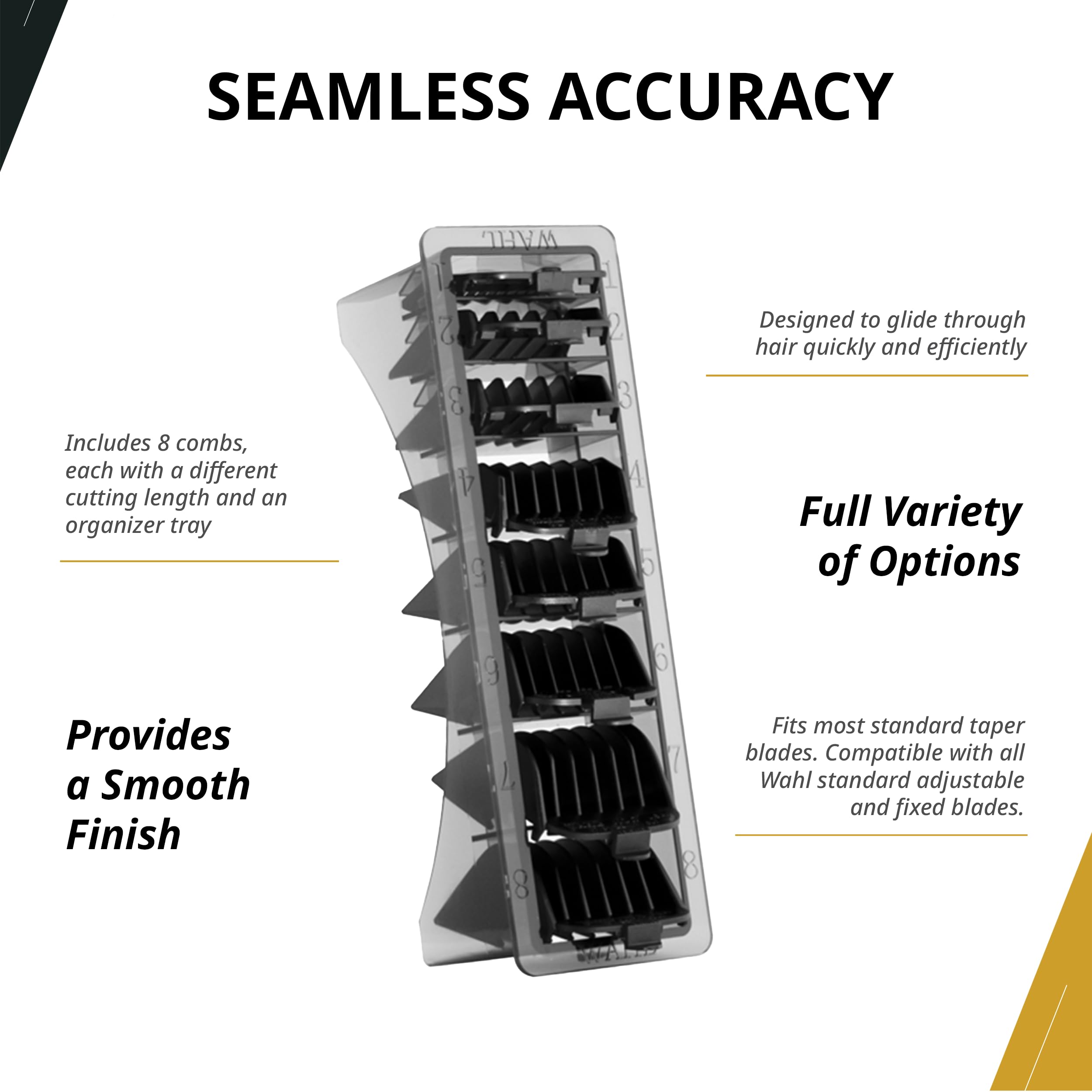 Wahl Professional Blistered 1-8 Cutting Guides, Black Clipper Guard Attachments, Durable and Easy to Use
