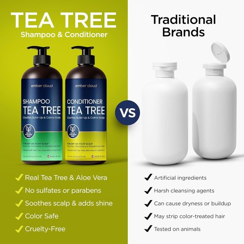 Tea Tree Rosemary Shampoo & Conditioner Set - Nourishing Cleanse with Castor Oil for All Hair Types | Paraben & Sulfate Free (16 Oz Each)