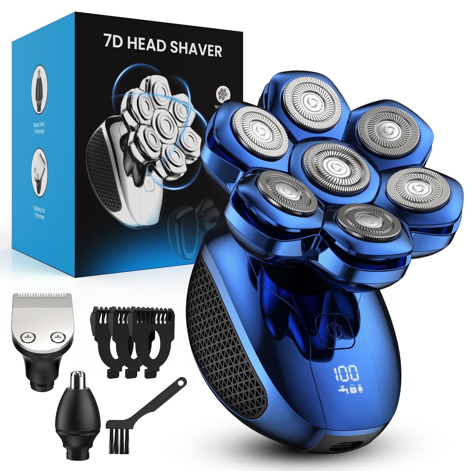 Feysfew Head Shaver for Bald Men, 7D Floating Electric Razor, Close Smooth Shave for Head, Flexible Heads, Replaceable Blade, IPX7 Waterproof Wet Dry Use, LED Display, USB Charging Blue