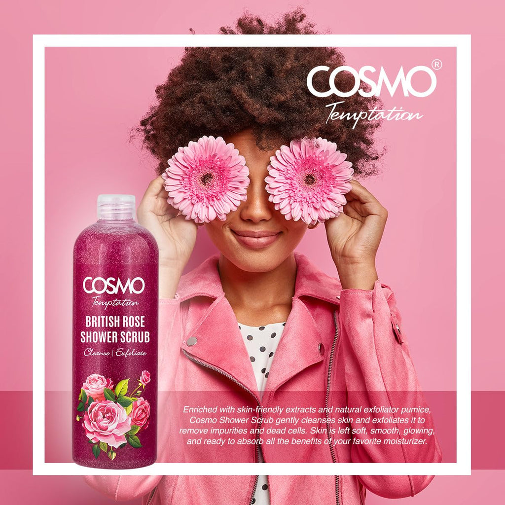 Cosmo Skin Care Temptation British Rose Shower Scrub 1000ml/33.81fl.oz, Body Cleansing, Skin Exfoliate, Remove Impurities & Dead Cells, Best Body Wash, Daily Use Shower Gel, All Skin Types