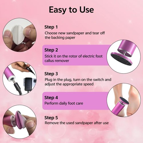 Resptasski Electric Foot Callus Remover for Feet, Pedicure Tool with 60pcs Replacement Sandpaper Discs, Adjustable Speed Scrubber File Grinder for Dead Skin, Home Spa Salon Use - Pink