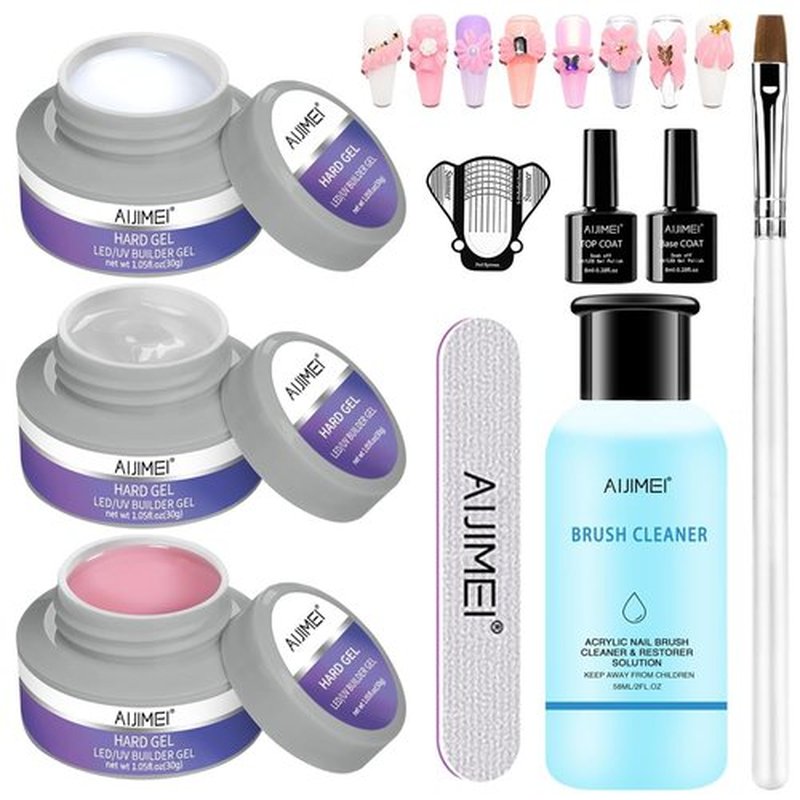 AIJIMEI Hard Gel Builder Nail Gel 3OZ for Flase Nails Extension Kit with Nail Brush Cleaner Base Coat Top Coat