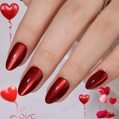 CUZIAM Red Magnet Cat Eyes Press on Nails Short Almond, Aurora Mirror Chrome Red Soft Gel Stick on Nails with Glue, 32pcs 16 Sizes Glossy Glitter Reusable Easy Salon Nail Manicure for Women Girls