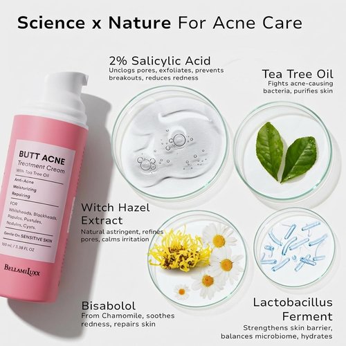 BellamiLuxx Butt Acne Treatment Cream - Clear Folliculitis & Pimples with 2% Salicylic Acid & Tea Tree Oil | Smooth Skin Solution