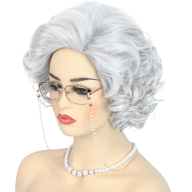 Bettecos Old Lady Wig Costume Set for Women Short Curly Grandma Wig and Glasses Silver White Granny Wigs for Old Woman Cosplay Halloween Party (Silver White/Old Lady)