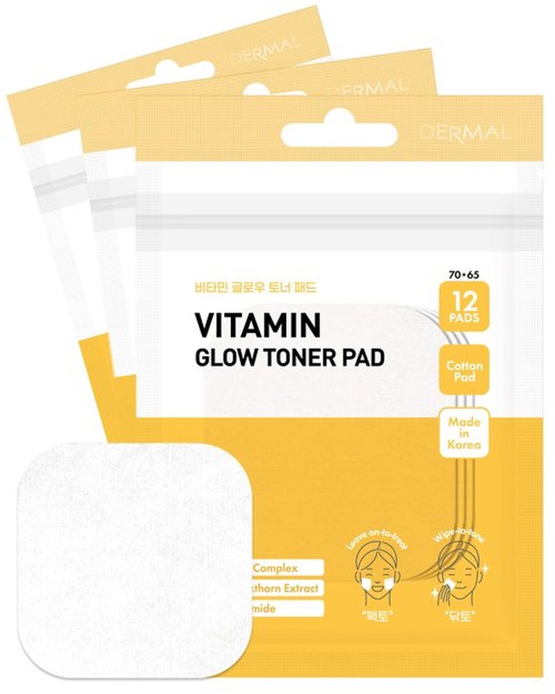 DERMAL Vitamin Toner Pad - Korean Toner Pad for Skin Glow & Vitality Improvement with Vitamin C - Vegan Pure Cotton Square Pads - Travel Kit 12 ea, 3 Pack (Total 36 ea)