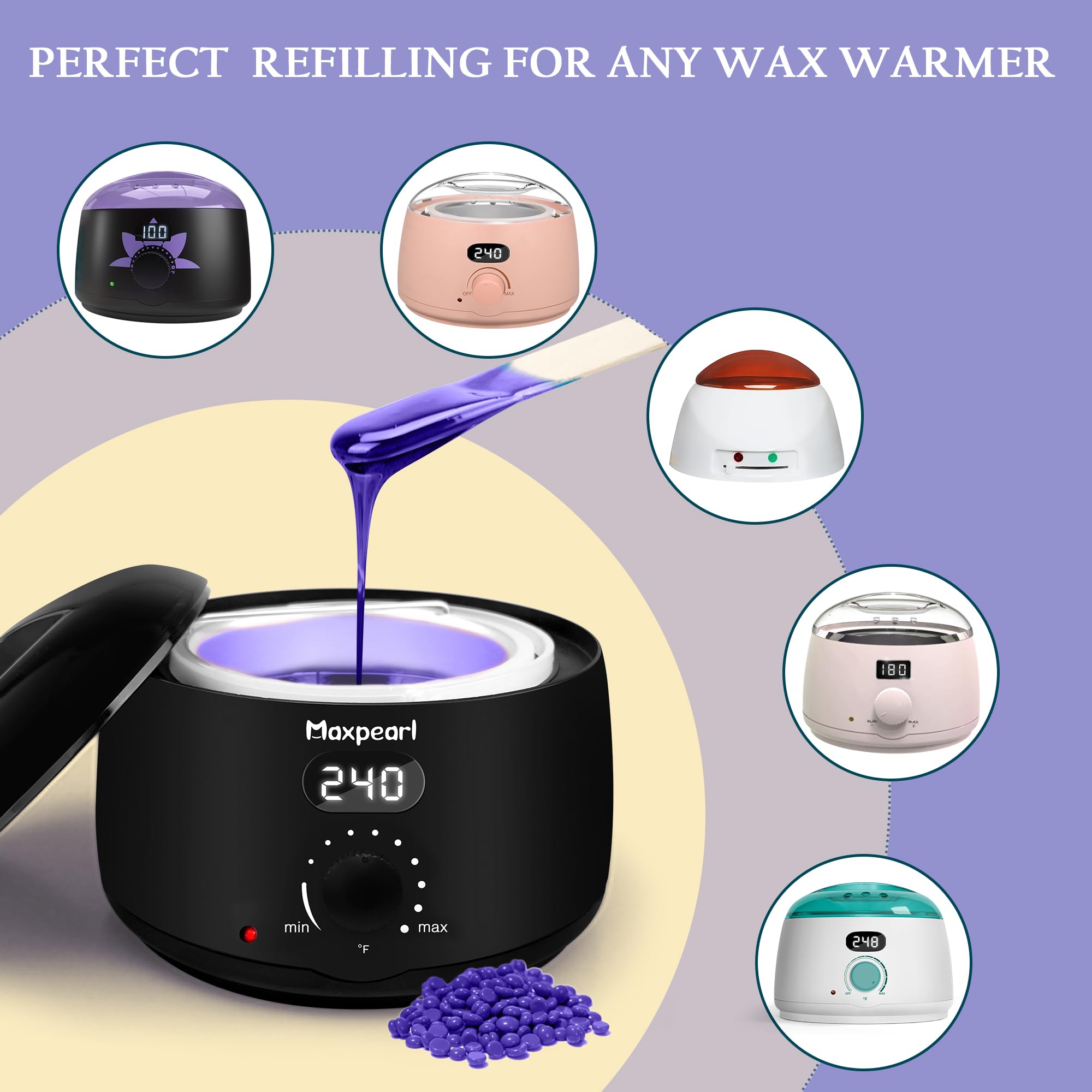 Maxpearl Hard Wax Beads, Pack of 3 Hair Removal Wax Beans Refill - Brazilian, Bikini Waxing, Face, Eyebrows, Underarms, Arms, Chest, Back, Legs - Lavender Formula, 300g