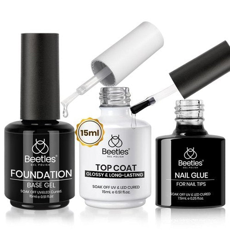 Beetles 5 in 1 Nail Glue Gel for Nail Tips with 2 Pcs 15ml Upgrade Super Shiny Gel Top Coat and Base Coat Set