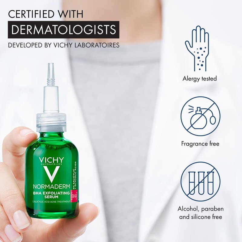 Vichy Normaderm BHA Exfoliating Serum, Salicylic Acid Acne Treatment for Face, Formulated with 4% Glycolic Acid, Gentle Face Exfoliator Clears Blackheads & Acne Blemishes, 1.01 Fl. Oz
