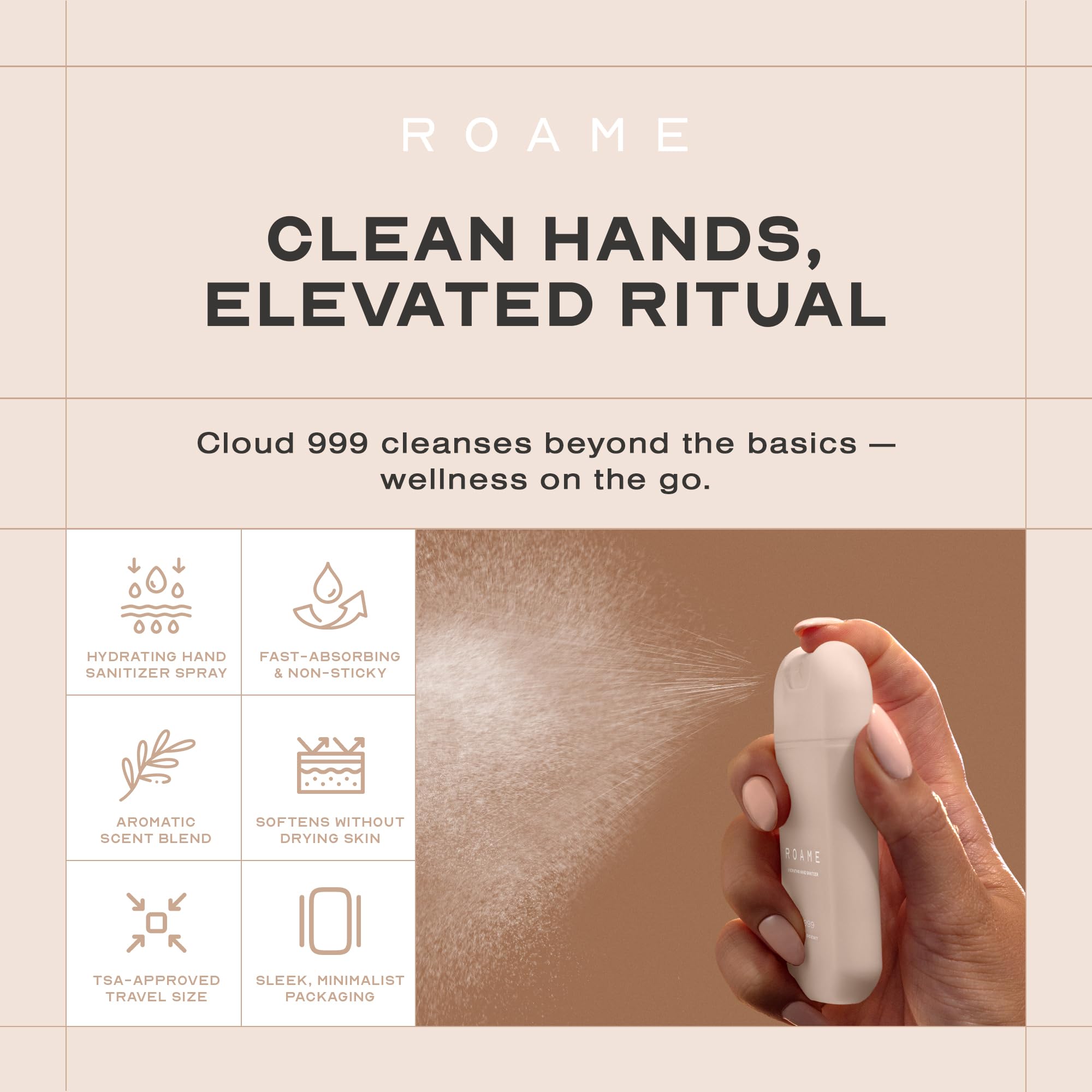 Roame Cloud 999 Hydrating Hand Sanitizer Spray, Portable Travel Size Hand Sanitizer, Moisturizing & Quick Drying Mist Formula, Juniper & Palo Santo Scent, Travel Essentials, TSA-Approved, 1 oz