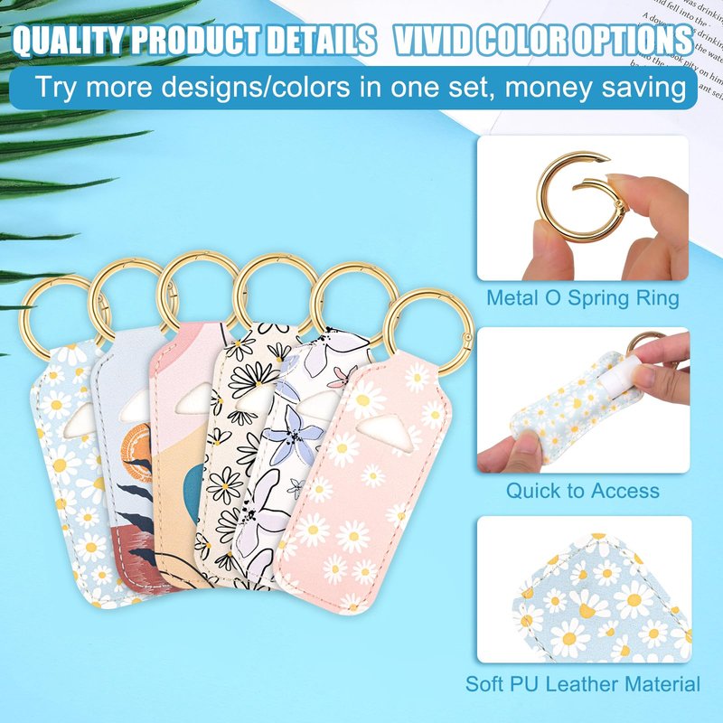 WK IEASON Lip Balm Holder Keychain Clip On PU Leather Lipstick Sleeve Pouch Lip Gloss Holder Lip Balm Sleeve Holder Keychain 5PCS（Floral Set B）