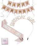BICAOGEE Rose Gold Birthday Girl Sash,Headband,Happy Birthday Banner,Hanging Swirl Decorations,Rhinestone Tiara Crown for Princess,Gift for Women.