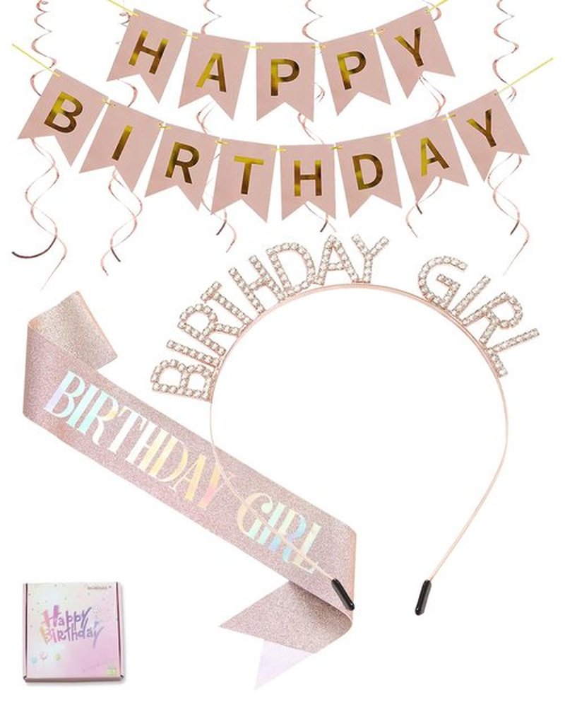 BICAOGEE Rose Gold Birthday Girl Sash,Headband,Happy Birthday Banner,Hanging Swirl Decorations,Rhinestone Tiara Crown for Princess,Gift for Women.